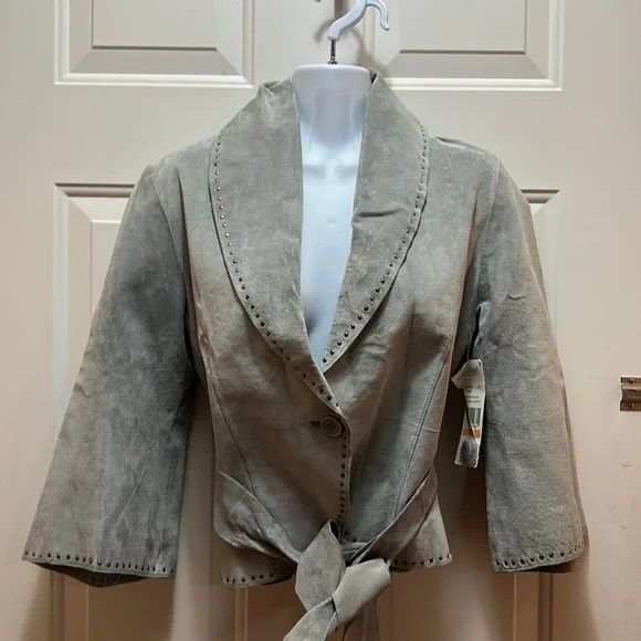 NWT Vintage Karen Kane Blue Leather Studded Jacket Small - Picture 1 of 10